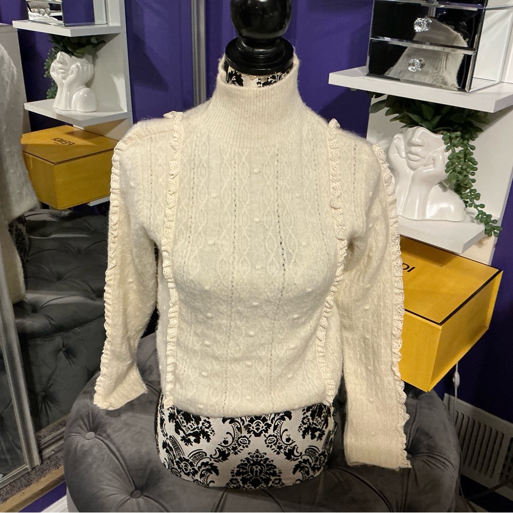 Cream Turtleneck Sweater with Ruffle Details